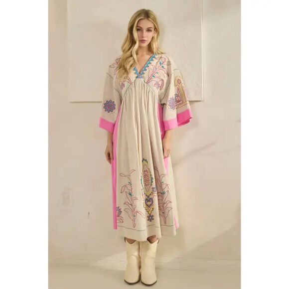 Blue Velvet | NWT Embroidered Boho Flowy Pink/Tan Maxi/midi Dress | Medium - Picture 1 of 7